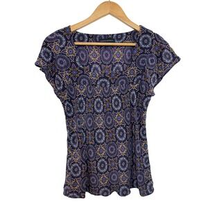 Banana Republic 100% Silk Blouse Top Purple Medallion Paisley Y2K Boho Indie S